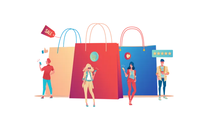 Pessoas fazendo compras online  Ilustração