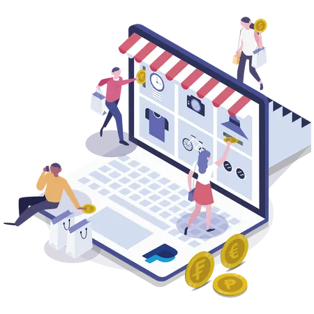 Pessoas fazendo compras on-line  Ilustração