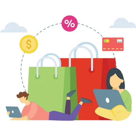 Pessoas fazendo compras on-line  Ilustração