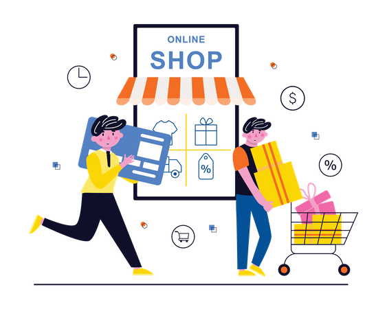 Pessoas fazendo compras on-line  Ilustração