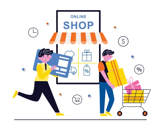 Pessoas fazendo compras on-line  Ilustração