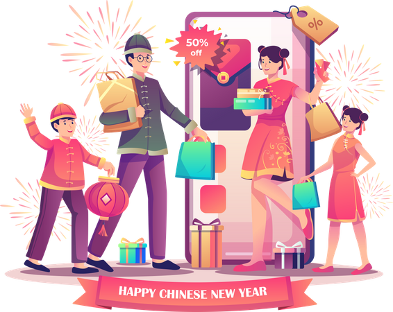 Pessoas fazendo compras on-line para o ano novo chinês  Ilustração