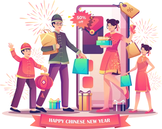 Conceito De Compras Do Ano Novo Chines Com Familia Asiatica Feliz Segurando Sacolas De Compras E Presentes Perto De Um Grande Smartphone Na Ilustracao Vetorial De Estilo Plano Ilustração