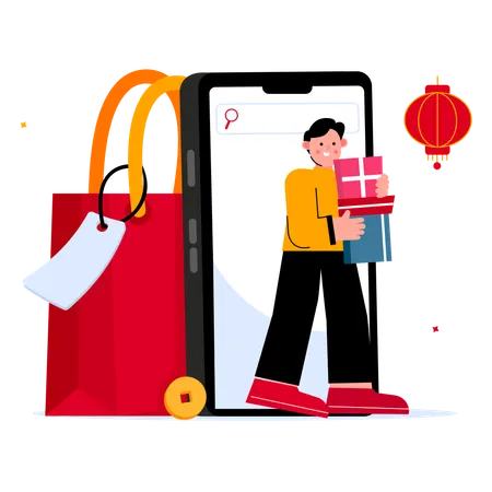 Pessoas fazendo compras on-line para o dia chinês  Ilustração