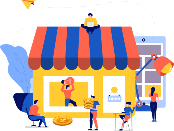 Pessoas fazendo compras on-line  Ilustração