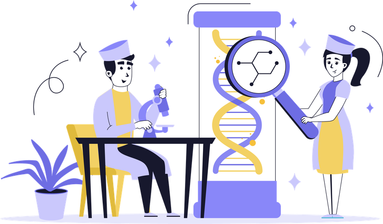 Pessoas fazendo pesquisas de DNA em laboratórios médicos  Ilustração