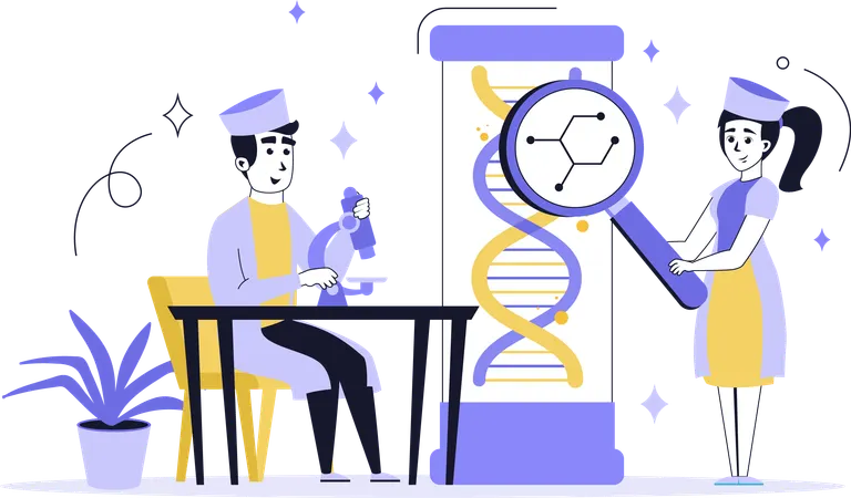 Pessoas fazendo pesquisas de DNA em laboratórios médicos  Ilustração