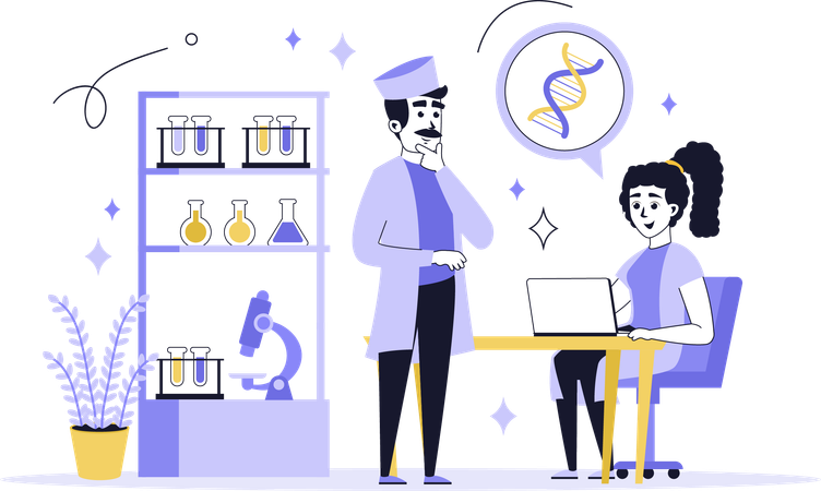 Pessoas fazendo pesquisas de DNA em laboratórios médicos  Ilustração