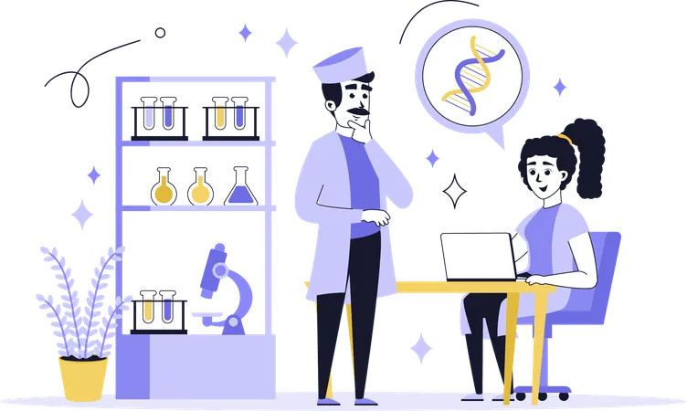 Pessoas fazendo pesquisas de DNA em laboratórios médicos  Ilustração