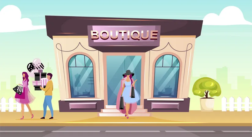 Pessoas fazendo produtos de moda em boutique  Ilustração