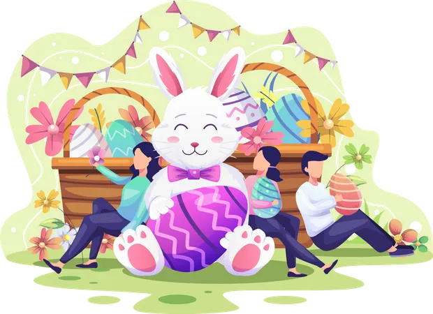 Pessoas felizes celebram o dia de Páscoa com um coelho  Ilustração