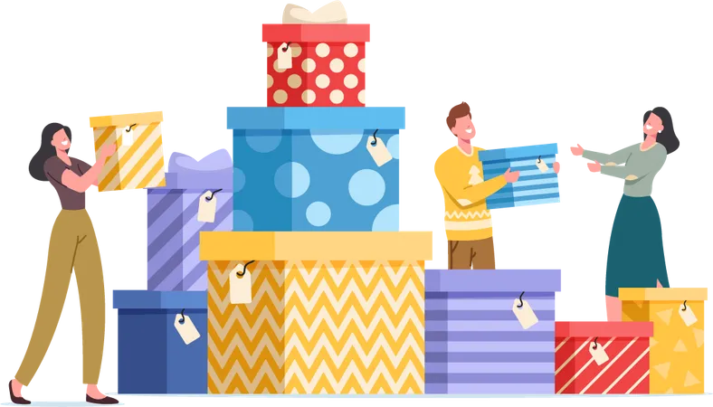 Pessoas felizes com caixas de presente embrulhadas com laço festivo  Ilustração