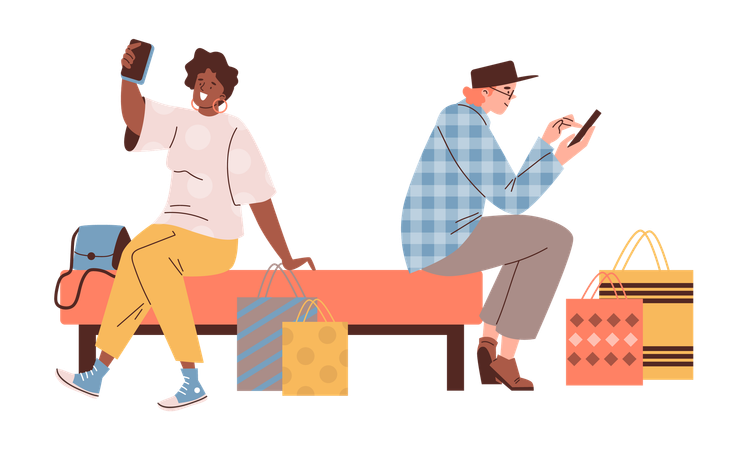 Pessoas felizes com sacolas de compras sentadas no banco enquanto enviam mensagens de texto em telefones e tiram selfies  Ilustração