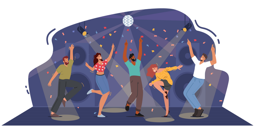 Pessoas felizes dançando discoteca no andar da boate  Ilustração