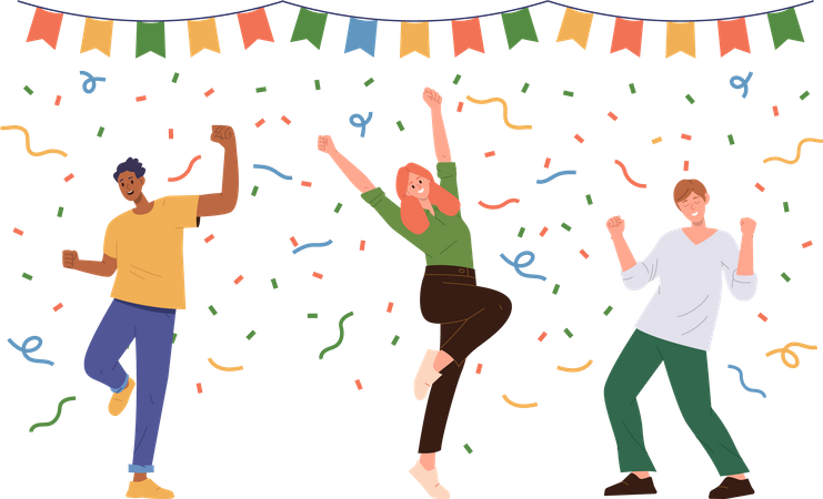 Personagem de pessoas felizes comemorando evento ou cerimônia se divertindo e pulando de alegria  Ilustração