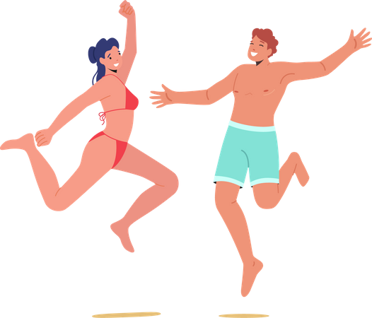 Pessoas felizes vestindo trajes de banho e pulando com as mãos para cima  Ilustração
