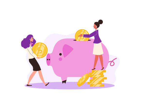 Pessoas femininas felizes colocam moedas de ouro no cofrinho  Ilustração