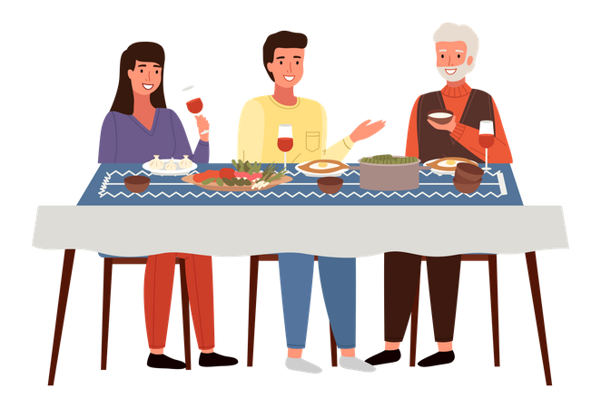 Povo georgiano comendo comida juntos  Ilustração