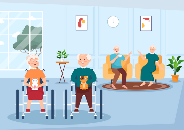 Pessoas idosas em cadeira de rodas se comunicando  Ilustração