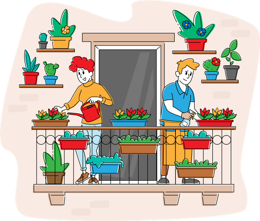 Pessoas fazendo jardinagem em casa  Ilustração