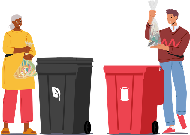 Pessoas jogam lixo em recipientes para resíduos orgânicos e metálicos  Ilustração