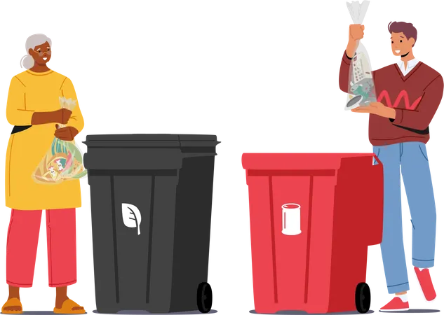 Pessoas jogam lixo em recipientes para resíduos orgânicos e metálicos  Ilustração