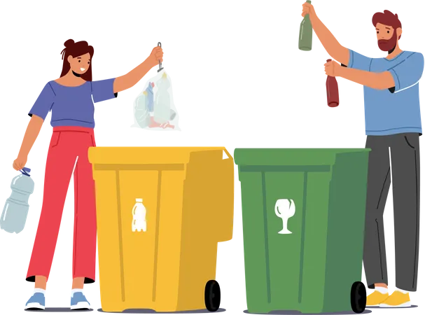 Pessoas jogam lixo em lixeiras  Ilustração