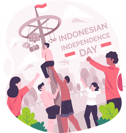 Pessoas jogando Panjat pinang ou competição de escalada em poste no Dia da Independência da Indonésia  Ilustração