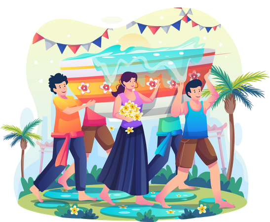 Pessoas juntas carregando tigelas gigantes de água para celebrar o Dia de Songkran  Ilustração