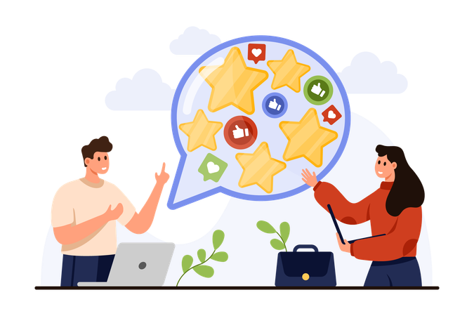 As pessoas leem o resultado da pesquisa dos clientes, feedback positivo  Ilustração