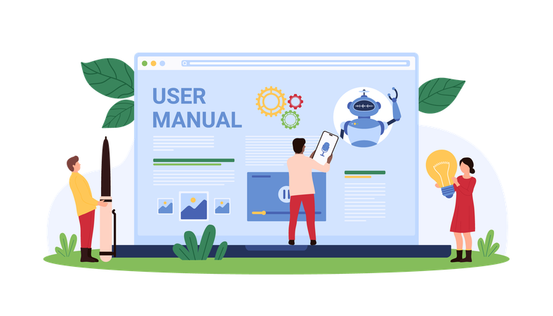 Pessoas lendo o manual do usuário online  Ilustração