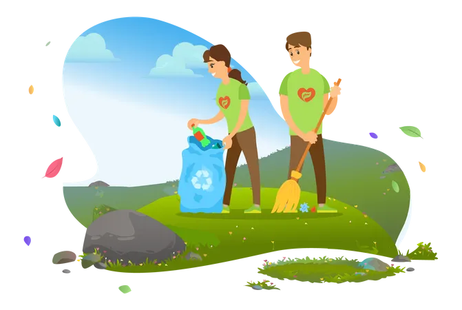 Pessoas limpando lixo no parque  Ilustração