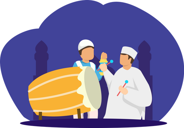Povo muçulmano celebrando o Ramadã jogando bedug  Ilustração
