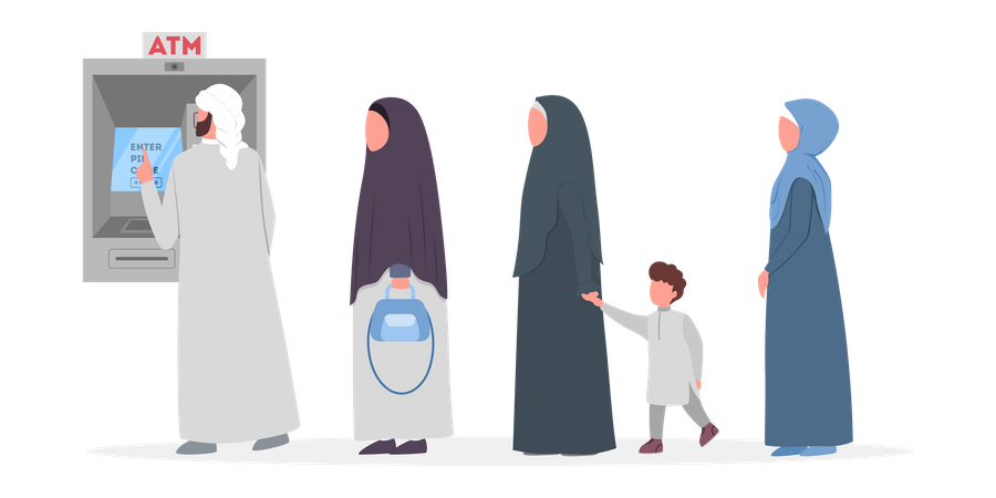 Povos muçulmanos na fila do caixa eletrônico  Ilustração