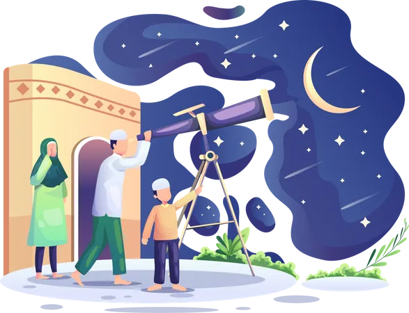 Os Muculmanos Ramadan Kareem Procuram No Ceu Com Um Telescopio A Lua Nova Que Sinaliza O Inicio Do Mes Sagrado Ilustracao Vetorial Plana Ilustração