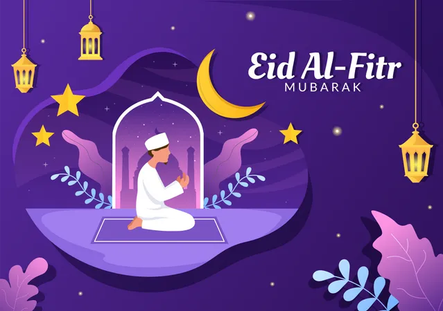 Ilustracao De Fundo Feliz Eid Al Fitr Mubarak Muculmanos Rezando Com As Duas Maos Em Estilo Simples Ilustração