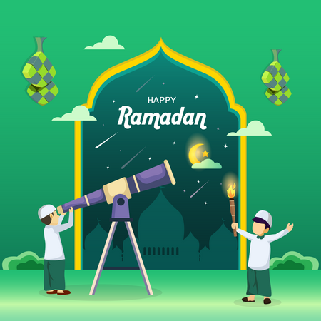 O povo muçulmano procura no céu com um telescópio a lua nova que sinaliza o início do mês sagrado do Ramadã  Ilustração