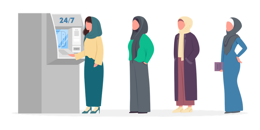 Povos muçulmanos usando caixa eletrônico  Ilustração