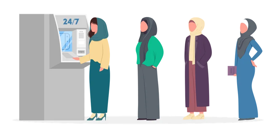 Povos muçulmanos usando caixa eletrônico  Ilustração