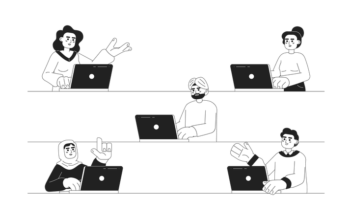 Pessoas multiculturais trabalhando no laptop  Ilustração