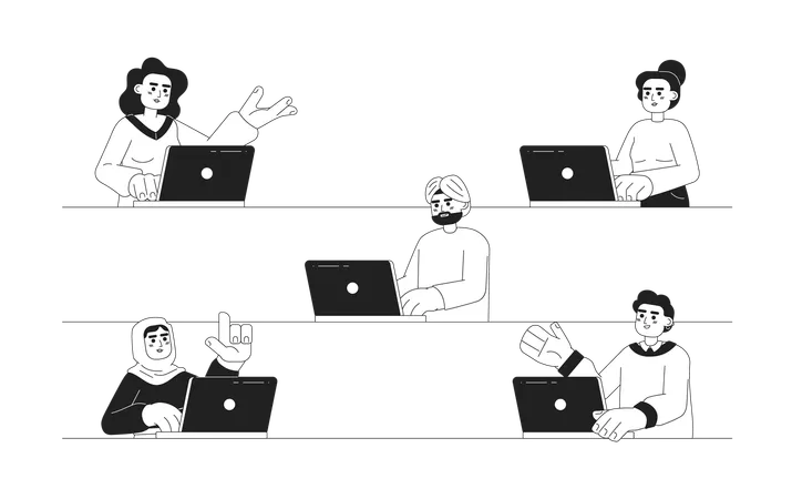 Pessoas multiculturais trabalhando no laptop  Ilustração