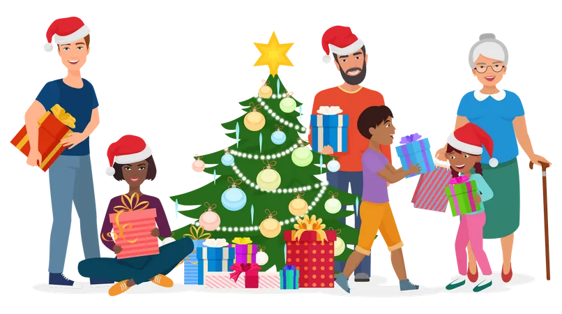 Pessoas multirraciais comemorando o natal  Ilustração