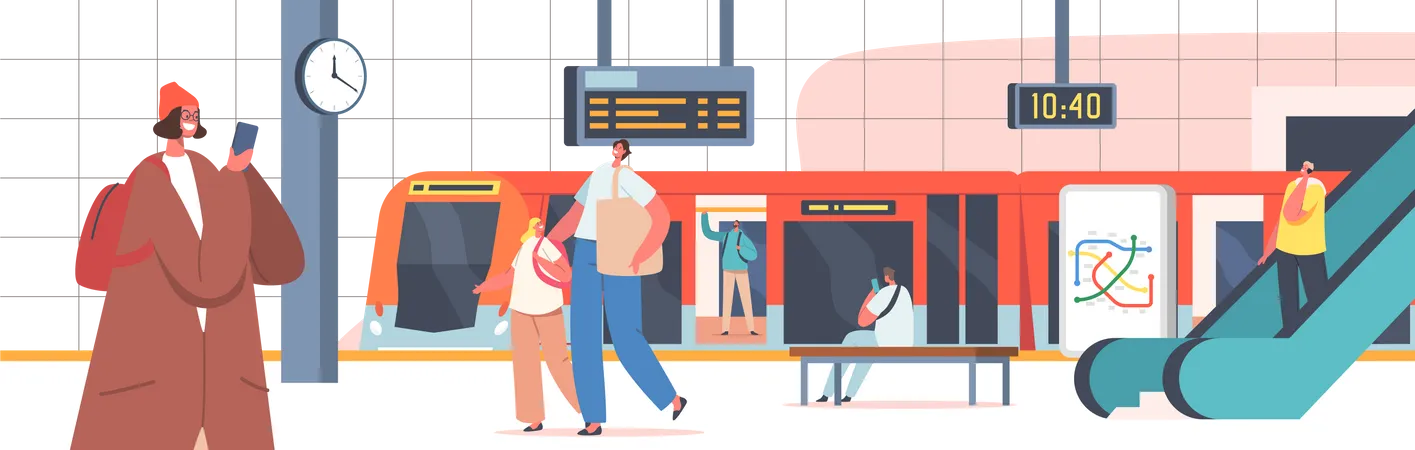 Pessoas na estação de metrô com trem  Ilustração
