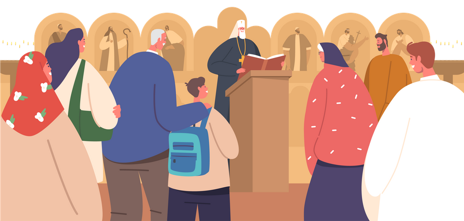 Pessoas na igreja ortodoxa durante ritual sagrado  Ilustração