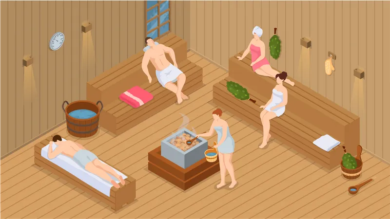 Pessoas na sala de sauna  Ilustração