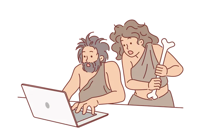 Pessoas neandertais usam laptop e ficam chocadas ao aprender novas tecnologias  Illustration