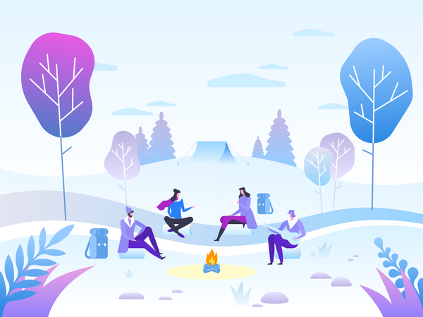 Pessoas no acampamento na floresta de inverno  Ilustração