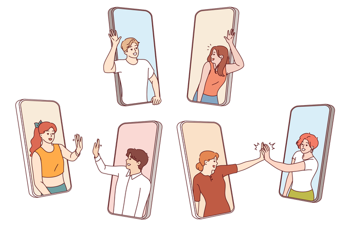 As pessoas no celular acenam com as mãos de maneira amigável e querem se comunicar e se conhecer  Ilustração