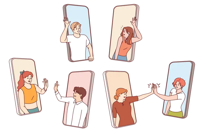 As pessoas no celular acenam com as mãos de maneira amigável e querem se comunicar e se conhecer  Ilustração