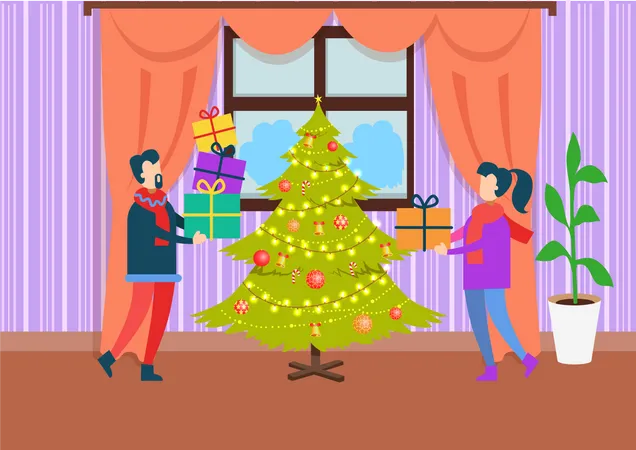 Pessoas No Natal Em Casa Homem E Mulher Em Pe Com Presentes Ao Lado De Arvore Verde Decorada Com Guirlanda E Sinos Com Ilustracao Vetorial De Doces Ilustração